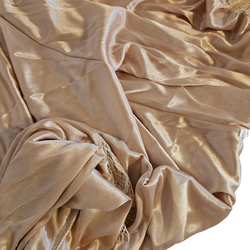 Vintage Satin Lace Robe Kimono Duster Gold Beige Glam Lingerie - Picture 2 of 5